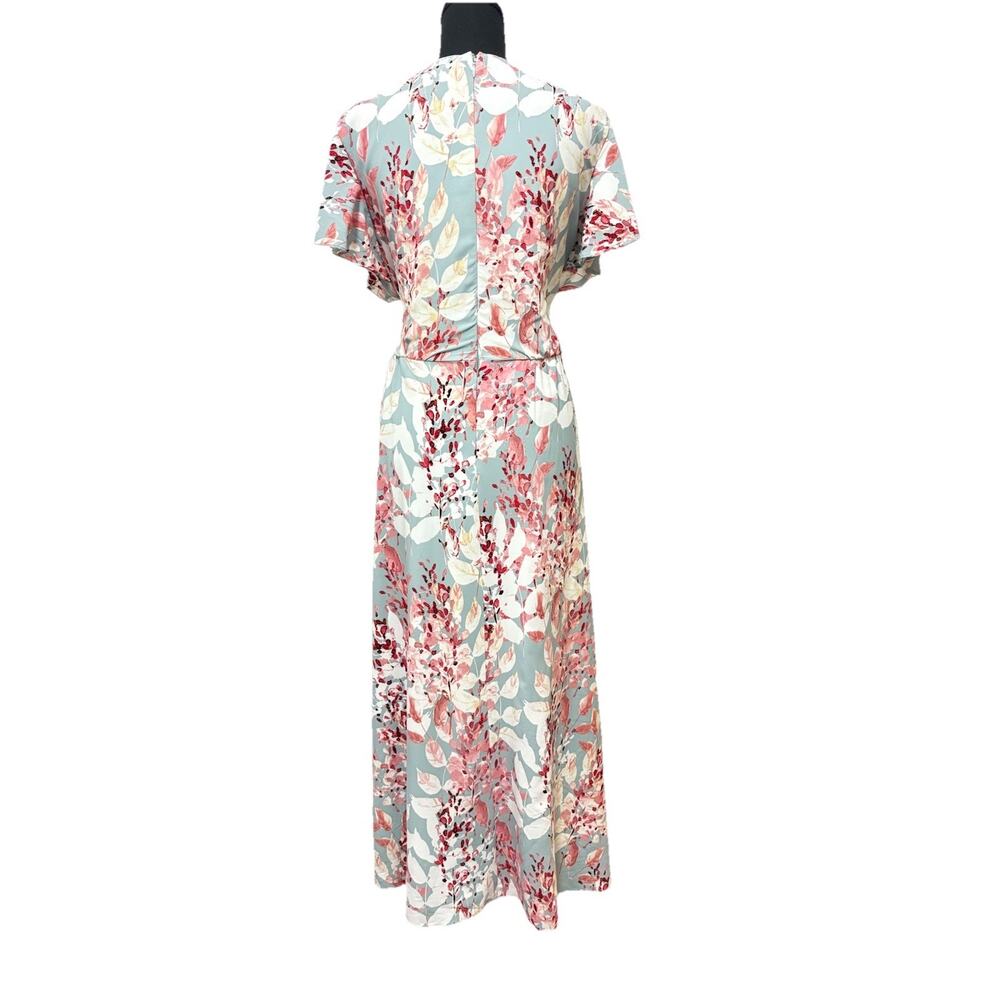 Adrianna Papell Light Blue and Pink Floral V-Neck Flutter Sleeve Wrap Midi Dress - Picture 6 of 9